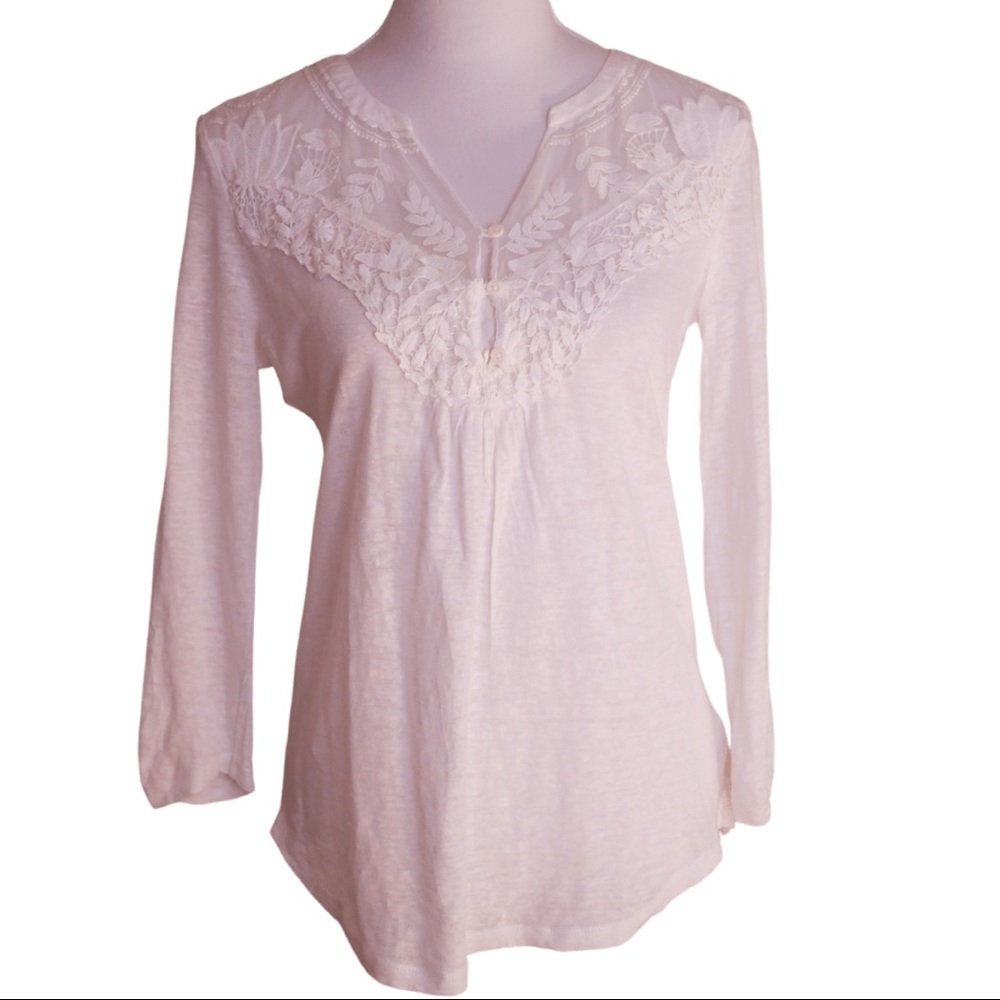 Anthropologie White Lace Top 3/4 sleeve Meadow Rue top Size Small